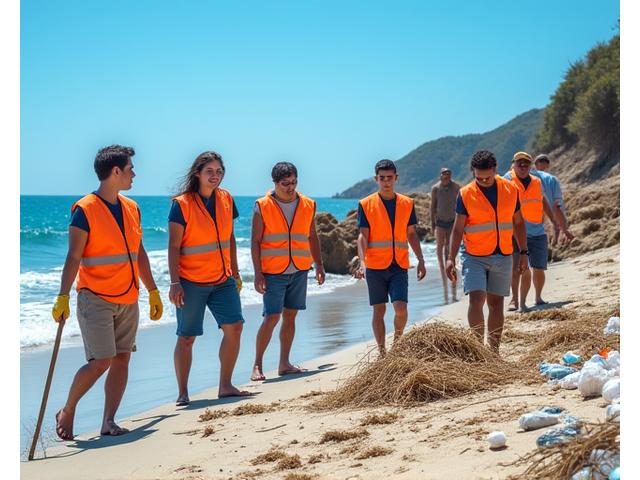 Volunteers cleaning up marine debris on a beach